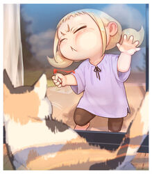  :&lt; against_glass animal bad_id bad_pixiv_id black_legwear blonde_hair blurry blurry_background border cheek_on_glass cheek_press closed_eyes commentary_request crayon curtains failure feline female forehead full_body hand_on_glass holding kozato_(yu_kozato) little_blonde_girl_(kozato) lolicon original outdoors purple_shirt shadow shirt short_sleeves short_twintails sidelocks solo standing thick_eyebrows twintails twitching v-shaped_eyebrows white_border 