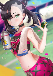  ass asymmetrical_bangs bare_arms black_choker black_hair black_nails blurry blush bottle choker closed_mouth confetti dusk_ball earrings eyelashes female gloves green_eyes hair_ribbon hands_up highres holding holding_bottle holding_poke_ball jewelry looking_at_viewer marnie_(pokemon) medium_hair nail_polish poke_ball pokemon pokemon_swsh red_ribbon ribbon setta_shu shirt single_glove sleeveless sleeveless_shirt solo stadium sweat twintails v water_bottle 