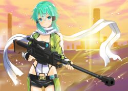  anti-materiel_rifle aqua_eyes aqua_hair black_gloves black_shorts bolt_action breasts cleavage commentary_request female fingerless_gloves gloves gun hair_between_eyes hair_ornament hairclip highres holding looking_at_viewer lowleg medium_breasts pgm_hecate_ii rifle scarf short_hair short_shorts shorts sidelocks sinon sniper_rifle solo sword_art_online uonuma_yuu weapon 