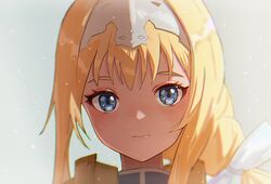  alice_zuberg blonde_hair blue_eyes blush close-up closed_mouth commentary_request female hair_ribbon hairband korean_commentary long_hair looking_at_viewer moth1 ribbon solo sword_art_online sword_art_online:_alicization white_ribbon 