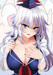  blue_background blue_dress blue_eyes blue_hair blue_hat breasts cleavage dress female hat highres kamishirasawa_keine large_breasts long_hair looking_at_viewer multicolored_hair nail_polish puffy_short_sleeves puffy_sleeves red_nails rihito_(usazukin) short_sleeves solo streaked_hair touhou upper_body white_hair wristband 