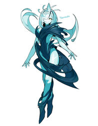  baniran_dorosu blue_footwear blue_hair blue_horns blue_leotard blue_skin blue_theme breasts colored_sclera colored_skin commentary crossed_legs english_text female full_body grin hair_over_one_eye happy head_tilt horns legs leotard long_hair looking_at_viewer medium_breasts monster_girl one_eye_covered original personification shiny_skin shoes sidelocks simple_background single_horn smile solo standing symbol-only_commentary teeth tornado_(baniran_dorosu) underboob watson_cross white_background white_eyes yellow_sclera 