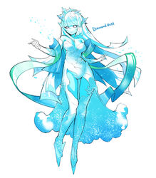  baniran_dorosu bare_shoulders blue_footwear blue_hair blue_headwear blue_shawl blue_skin blue_theme blunt_bangs bodysuit breasts clothing_cutout collarbone colored_sclera colored_skin commentary elbow_gloves english_text female full_body gloves hagoromo hands_up high_heels hime_cut ice knees_together_feet_apart legs long_hair looking_at_viewer medium_breasts monster_girl multicolored_hair original parted_lips personification purple_sclera shawl shoes sidelocks simple_background snow_(baniran_dorosu) solo standing symbol-only_commentary teeth thighs tiara two-tone_hair very_long_hair waist_cape white_background white_bodysuit white_eyes white_gloves white_hair 