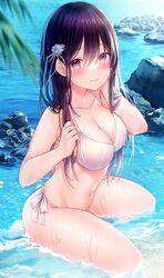  absurdres bad_id bad_twitter_id beach bikini black_hair blush breasts cleavage closed_mouth collarbone commentary_request female from_side hair_between_eyes hair_ornament hand_in_own_hair highres kneeling kuro_namako large_breasts light_smile long_hair looking_at_viewer navel ocean original outdoors purple_eyes rock sand shiny_skin side-tie_bikini_bottom solo straight_hair swimsuit water white_bikini 