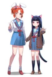  2girls :o abe_nana absurdres animal_ears asahina_mikuru asahina_mikuru_(cosplay) black_hair black_socks blue_sailor_collar blue_skirt blunt_bangs blush bow brown_cardigan brown_footwear cardigan cat_ears cat_tail clip_studio_paint_(medium) commentary cosplay full_body highres idolmaster idolmaster_cinderella_girls kita_high_school_uniform kneehighs loafers long_hair looking_at_viewer moko_(moko/moko) multiple_girls nagato_yuki nagato_yuki_(cosplay) neck_ribbon one_eye_closed open_mouth orange_hair outstretched_arm parted_bangs ponytail rabbit_ears red_bow red_eyes red_footwear red_ribbon ribbon sailor_collar sajo_yukimi school_uniform shoes short_hair simple_background skirt smile socks standing suzumiya_haruhi_no_yuuutsu tail w white_background white_socks winter_uniform 