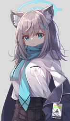  animal_ear_fluff animal_ears blazer blue_archive blue_eyes blue_jacket blue_necktie blue_scarf breast_pocket breasts clothes_down collared_shirt cross_hair_ornament earrings female grey_background grey_hair hair_ornament halo highres id_card jacket jewelry large_breasts long_hair long_sleeves looking_at_viewer medium_hair miimu_(nelreg3) mismatched_pupils necktie open_clothes open_jacket pocket scarf shiroko_(blue_archive) shirt shirt_tucked_in simple_background solo stud_earrings white_shirt wolf_ears 