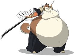  2012 anthro belly big_belly bleach_(series) bottomwear canid canine canis cape clenched_teeth clothed clothing footwear fur hectorthewolf hi_res holding_melee_weapon holding_object holding_sword holding_weapon inner_ear_fluff looking_at_viewer male mammal melee_weapon morbidly_obese morbidly_obese_anthro morbidly_obese_male navel obese obese_anthro obese_male overweight overweight_anthro overweight_male pants raised_tail sajin_komamura shoes shoulder_pads snarling solo standing sword tail teeth tuft weapon whiskers wolf 