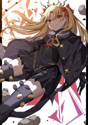  absurdres black_cape black_dress black_gloves black_tiara blonde_hair blush cape dress earrings ereshkigal_(fate) ereshkigal_alter_(fate) fate/grand_order fate_(series) female fur-trimmed_cape fur_trim gloves hair_ornament hair_ribbon highres hoop_earrings jewelry long_hair looking_at_viewer red_eyes ribbon smile solo thighs tiara toukan zettai_ryouiki 