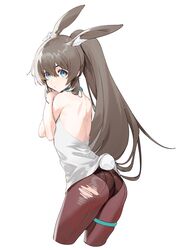  amiya_(arknights) animal_ears arknights ass backless_shirt black_panties black_pantyhose blue_eyes commentary cowboy_shot cropped_legs extra_ears female from_behind hair_between_eyes highres long_hair looking_at_viewer looking_back olys panties panties_under_pantyhose pantyhose ponytail rabbit_ears rabbit_girl rabbit_tail shirt simple_background solo stretching tail thigh_ring torn_clothes torn_pantyhose underwear very_long_hair white_background white_shirt 