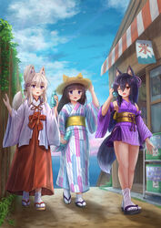  3girls :d ;d absurdres animal_ears animal_hat black_footwear black_hair blue_eyes blue_sky blush bottle brown_eyes brown_footwear brown_hair brown_headwear candy_store cat_ears cloud cloudy_sky commentary_request day detached_sleeves fake_animal_ears folded_ponytail fox_ears fox_girl fox_tail grey_hair hair_between_eyes hair_ornament hairclip hakama hakama_skirt hat highres holding holding_bottle horizon iroha_(iroha_matsurika) japanese_clothes kimono kooribata koyoi_(iroha_(iroha_matsurika)) kunoichi-chan_(iroha_(iroha_matsurika)) long_sleeves miko multiple_girls mutsuki_(iroha_(iroha_matsurika)) obi ocean oerba_yun_fang one_eye_closed open_mouth original outdoors purple_eyes purple_kimono purple_sleeves ramune red_hakama sandals sash shop short_kimono skirt sky sleeveless sleeveless_kimono smile socks straw_hat tabi tail water white_kimono white_legwear wide_sleeves wolf_ears wolf_girl wolf_tail x_hair_ornament yagasuri zouri 