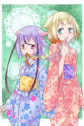  1other bad_id bad_pixiv_id blue_eyes blue_hair blue_kimono braid cevio cherry_blossom_print commentary cowboy_shot ekaki-ya_okamoto female floral_print gradient_hair green_background hair_in_own_mouth hand_up highres holding_another&#039;s_arm holding_another&#039;s_hair japanese_clothes kimono long_hair looking_at_another meika_mikoto mouth_hold multicolored_hair one_(cevio) open_mouth pink_eyes pink_kimono platinum_blonde_hair short_eyebrows short_hair thick_eyebrows vocaloid 