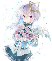  absurdres amane_kanata amane_kanata_(1st_costume) angel angel_wings armband asymmetrical_hair bad_id bad_pixiv_id black_shirt black_skirt blue_hair blush bob_cut bouquet colored_inner_hair commentary feathered_wings female flower frilled_skirt frills grey_hair grey_jacket hair_between_eyes halo high_collar highres holding holding_bouquet hololive jacket multicolored_hair noto_kurumi parted_lips pink_flower pink_rose purple_eyes rose shirt short_hair single_hair_intake skirt solo star_halo two-tone_hair virtual_youtuber white_background white_wings wings 