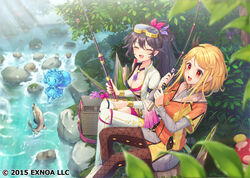  2girls :d ^_^ black_hair blonde_hair blurry blurry_foreground boots breasts brown_pantyhose cleavage closed_eyes collarbone commentary_request copyright_notice day depth_of_field elemental_(creature) fish fishing fishing_line fishing_rod fishnet_pantyhose fishnets flower flower_knight_girl goggles goggles_on_head grey_skirt hair_flower hair_ornament hair_ribbon holding holding_fishing_rod jacket long_hair medium_breasts multiple_girls mushroom nature official_art open_clothes open_jacket open_mouth orange_jacket outdoors pantyhose pink_ribbon plant ponytail purple_flower red_eyes ribbon river riverbank salmon sitting skirt smile sparaxis_(flower_knight_girl) spirit teeth thigh_boots tsuchikure tsurifunesou_(flower_knight_girl) upper_teeth_only very_long_hair water water_elemental white_footwear white_jacket 