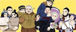  2girls 6+boys :d :o ahoge ainu_clothes asirpa bad_id bad_twitter_id beard black_eyes black_hair buzz_cut carrying cikapasi coat commentary_request dirty dirty_face earrings enonoka facial_hair fur_trim gansoku_maiharu goatee golden_kamuy grey_hair hat hoop_earrings ideshitsuki jewelry kiroranke long_sideburns mature_male military military_uniform mittens moustache multiple_boys multiple_girls one_eye_closed open_mouth princess_carry scar scar_on_face scarf shiraishi_yoshitake short_hair sideburns smile star_(symbol) stubble sugimoto_saichi sweat tanigaki_genjirou thick_eyebrows tsukishima_hajime uniform ushiyama_tatsuma very_short_hair yellow_background yellow_scarf 