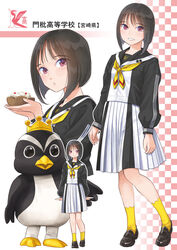  arms_at_sides bird black_hair black_shirt black_skirt bob_cut brown_eyes copyright_request crown dessert female food holding holding_food kandoppy long_sleeves multiple_views otsu_natsu penguin school_uniform serafuku shirt short_hair simple_background skirt smile standing two-tone_skirt white_background white_skirt yellow_footwear yuru-chara 