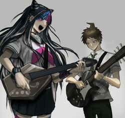  1boy ahoge bad_id bad_twitter_id black_hair blue_hair blush brown_hair commentary_request cowboy_shot danganronpa_(series) danganronpa_2:_goodbye_despair doggye_(zginrwsn) ear_piercing electric_guitar female green_eyes guitar hair_horns highres hinata_hajime holding holding_instrument instrument jewelry korean_commentary long_hair mioda_ibuki multicolored_hair music necktie open_mouth piercing pink_eyes pink_hair playing_instrument pleated_skirt school_uniform scrunchie serafuku shirt short_hair short_sleeves simple_background skirt stitches white_hair wrist_scrunchie 