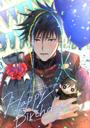  1boy bad_id bad_pixiv_id bag balloon black_hair blue_eyes blush box character_name confetti dated fushiguro_megumi gift gift_box hair_between_eyes happy_birthday high_collar highres holding holding_bag holding_stuffed_toy jacket jujutsu_kaisen long_sleeves looking_at_viewer male_focus open_mouth red_jacket short_hair solo sonomi spiked_hair stuffed_toy tsurime twitter_username upper_body 