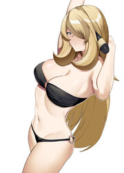  alternate_costume arm_behind_head arms_up bandeau bikini black_bikini blush breasts cleavage cowboy_shot cynthia_(pokemon) female from_side grey_eyes hair_ornament hair_over_one_eye highres large_breasts long_hair looking_at_viewer looking_to_the_side navel o-ring o-ring_bikini parted_lips pokemon pokemon_dppt sidelocks simple_background solo stomach strapless strapless_bikini swimsuit white_background yuuyuu_(yuuki1771) 