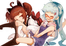  2girls ahoge barefoot blue_dress blue_hair breasts brown_hair brown_pantyhose closed_eyes clothes_pull covering_crotch covering_privates dress frilled_dress frills glasses highres japanese_clothes kimono long_hair multiple_girls no_shoes obi oerba_yun_fang one_eye_closed open_mouth otomachi_una pantyhose pantyhose_pull parted_lips red-framed_eyewear red_eyes sailor_collar sailor_dress sash sasurai_susuki semi-rimless_eyewear simple_background sleeveless sleeveless_dress small_breasts soles talkex touhoku_kiritan twintails under-rim_eyewear very_long_hair voiceroid white_background white_kimono white_sailor_collar yuri 