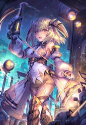  :d absurdres bad_id bad_twitter_id bare_shoulders blonde_hair blush boots breasts brown_gloves brown_shorts detached_sleeves female fingerless_gloves gloves gun hand_up headgear highres holding holding_gun holding_weapon large_breasts long_sleeves looking_at_viewer medium_hair oerba_yun_fang open_mouth original puffy_long_sleeves puffy_sleeves ringed_eyes robot shichigatsu short_shorts shorts smile smoke smoking_barrel solo waist_cape weapon yellow_eyes 