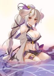  azusa_(granblue_fantasy) azusa_(summer)_(granblue_fantasy) bandaged_hand bandages bare_shoulders bikini blush braid braided_ponytail breasts cleavage draph female flower granblue_fantasy hair_flower hair_ornament high_ponytail highres horns large_breasts long_hair looking_at_viewer navel official_alternate_costume official_alternate_hairstyle pointy_ears purple_bikini purple_flower red_eyes skirt solo swimsuit thighs very_long_hair white_hair yu-li 