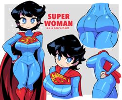  animification ass black_hair blue_bodysuit blue_eyes bodysuit breasts bright_pupils cape character_name closed_mouth curvy dc_comics female from_side genderswap_(mtf) hand_on_own_hip highres large_breasts looking_at_viewer multiple_views narrow_waist rariatto_(ganguri) red_cape redrawn rule_63 short_hair smile superhero_costume superman superman_(series) superwoman thighs white_pupils 