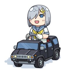  blue_eyes car commentary_request driving female grey_hair grey_sailor_collar hair_ornament hair_over_one_eye hairclip hama!_(3toshinhmkz) hamakaze_(kancolle) hummer hummer_h2 kantai_collection motor_vehicle neckerchief no_nose pun sailor_collar school_uniform serafuku short_hair simple_background solo sports_utility_vehicle vehicle_focus white_background yellow_neckerchief 