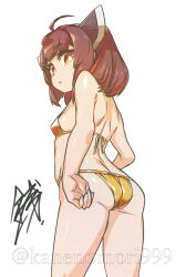  ahoge ass back bikini breasts brown_eyes brown_hair expressionless female from_behind gold_bikini headgear highres looking_at_viewer looking_back parted_lips sentarou short_hair small_breasts solo swimsuit touhoku_kiritan voiceroid 