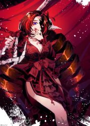  barber_(project_moon) barber_(project_moon)_(cosplay) blood blood_on_face blue_eyes bow breasts brown_hair cleavage commentary_request cosplay dress drill_hair feet_out_of_frame female fingernails heterochromia highres holding holding_scissors korean_commentary large_breasts limbus_company long_fingernails long_hair looking_at_viewer plague_doctor_mask pmchell_04 project_moon red_bow red_dress red_eyes red_nails red_ribbon ribbon rodion_(project_moon) scissors side_slit thighs twin_drills twitter_username very_long_hair 