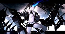  absurdres arm_cannon belt bikini black_coat black_hair black_rock_shooter black_rock_shooter_(character) black_shorts boots chains coat female flaming_eye glowing glowing_eye highres long_hair midriff no_shirt pale_skin punishing:_gray_raven rock_cannon rythron4 scar shorts solo swimsuit twintails uneven_twintails weapon 