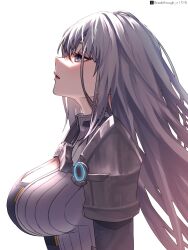  blue_eyes breasts cleavage commentary_request ethel_(xenoblade) eyelashes female from_side grey_hair high_collar highres large_breasts long_hair open_mouth riro_(breakthrough_rr) simple_background solo upper_body white_background xenoblade_chronicles_(series) xenoblade_chronicles_3 