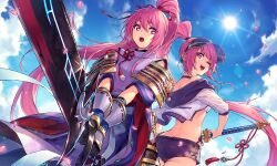  2girls :d armor bikini bikini_under_clothes blue_sky cloud dare_ga_tame_no_alchemist from_behind holding holding_sword holding_weapon japanese_armor japanese_clothes katana kimono long_hair looking_back multiple_girls official_art one_eye_closed open_mouth outdoors pink_eyes pink_hair pink_petals ponytail purple_kimono second-party_source shoulder_armor sky smile standing sun suzuka_(dare_ga_tame_no_alchemist) swimsuit sword very_long_hair visor_cap weapon 