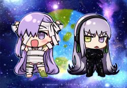  2girls arms_up bandage_over_one_eye bandaged_arm bandaged_leg bandages black_hairband blush bodysuit chibi commentary_request crossed_arms dual_persona earth_(planet) elbow_gloves fate/grand_order fate_(series) full_body galaxy gloves green_eyes green_ribbons hairband heterochromia honchu kingprotea_(fate) latex latex_bodysuit long_hair multiple_girls planet purple_eyes purple_hair ribbon space star_(sky) tongue tongue_out twitter_username very_long_hair xochitonal_(fate) 