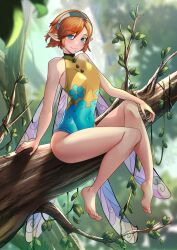  barefoot beneceadraws blue_eyes blurry blurry_background breasts closed_mouth commentary covered_navel english_commentary fairy fairy_wings female forest gallica_(metaphor:_refantazio) hairband highres looking_at_viewer metaphor:_refantazio nature orange_hair parted_bangs pointy_ears sitting_on_branch smile solo thighs toes wings 