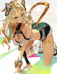  all_fours animal_ears blonde_hair breasts cleavage female genshin_impact green_shorts hair_between_eyes jaguar_ears jaguar_girl jaguar_tail long_hair looking_at_viewer medium_breasts scottie_(phantom2) shorts solo tail toes xilonen_(genshin_impact) 