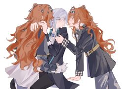  3girls after_kiss arms_around_neck ascot between_legs black_coat black_pants blue_brooch blush checkered_hairband coat commentary_request dual_persona eye_contact freckles gloves green_eyes grey_eyes grey_hair hair_bun hand_on_another&#039;s_waist highres long_hair long_sleeves looking_at_another multiple_girls orange_hair pants parted_lips reverse:1999 saliva saliva_trail shirt simple_background single_side_bun sitting sonetto_(reverse:1999) standing super_zenggg two_side_up vertin_(reverse:1999) white_ascot white_background white_gloves white_shirt yuri 