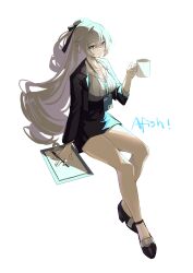  absurdres afish artist_name bare_legs black_footwear black_skirt black_vest breasts bronya_zaychik bronya_zaychik_(outstanding_attitude) bronya_zaychik_(silverwing:_n-ex) collarbone cup female grey_hair grey_sweater high_heels highres holding holding_cup honkai_(series) honkai_impact_3rd id_card large_breasts legs long_hair miniskirt official_alternate_costume paper pen pencil_skirt skirt solo sweater vest white_background 