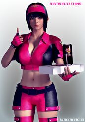  1girls 3d athletic_female belly belly_button belt big_breasts breasts brown_eyes brown_hair cheeky china_miyamoto cleavage delivery delivery_employee delivery_girl female female_only fit fit_female holding_object motorcycle_suit pink_lips pizza pizza_rat pizza_takeout_obscenity_ii short_hair smirk soda solo thumbs_up topwear umemaro umemaro_3d 