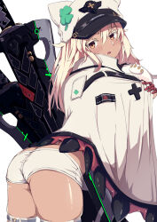  ass blonde_hair blush commentary_request cowboy_shot dark-skinned_female dark_skin female gloves guilty_gear hair_between_eyes hat highres jacket jacket_on_shoulders leaning_forward long_bangs long_hair looking_at_viewer looking_back nouka open_mouth orange_eyes ramlethal_valentine red_gloves shirt simple_background solo tan white_background white_hat white_jacket white_shirt 