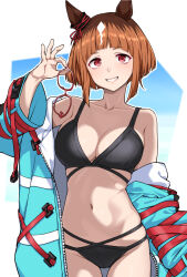  animal_ears bikini black_bikini breasts brown_hair cleavage cropped female hatakenaka_(kamagabuchi) highres holding holding_removed_eyewear horse_ears horse_girl jacket large_breasts looking_at_viewer navel off_shoulder open_clothes open_jacket red_eyes short_hair smile solo swimsuit transcend_(umamusume) umamusume unworn_eyewear 