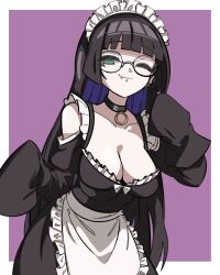  absurdres alternate_costume apron bare_shoulders bespectacled black_choker black_dress black_hair blunt_bangs bocchi_the_rock! border breasts choker cleavage closed_mouth colored_inner_hair commentary cowboy_shot dress enmaided female frilled_apron frills ghuler glasses green_eyes highres large_breasts long_hair looking_at_viewer maid maid_apron maid_headdress multicolored_hair oerba_yun_fang one_eye_closed outside_border pa-san purple_background purple_hair simple_background sleeves_past_fingers sleeves_past_wrists smile solo standing waist_apron white_apron white_border white_headdress 