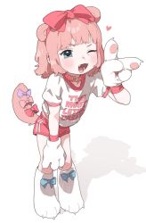  absurdres animal_collar animal_ears animal_hands bent_over blue_eyes blunt_bangs bow cat_paws chromu collar female from_side full_body hairbow heart highres indie_virtual_youtuber lolicon looking_at_viewer missing_tooth one_eye_closed open_mouth opossumachine paw_shoes pink_bow pink_collar pink_hair pink_shorts purple_bow red_bow shirt short_hair short_sleeves shorts sidelocks simple_background solo tail tail_bow tail_ornament teeth text_print v virtual_youtuber white_background white_collar white_shirt 