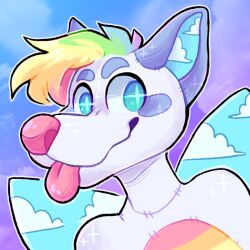  2017 animate_inanimate anthro artist_name blue_background blue_eyebrows blue_eyes blue_inner_ear blue_wings canid canine chotpot closed_smile cloud colored dated digital_drawing_(artwork) digital_media_(artwork) eyebrows fur hair light lighting living_plushie male male_anthro mammal mouth_closed multicolored_hair outline pink_nose pink_tongue plushie rainbow_hair shaded short_hair simple_background smile sparklefur sparkles star_pupils tongue tongue_out white_body white_fur white_outline wings 