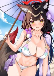  :d absurdres animal_ear_fluff animal_ears bikini black_hair blue_archive blush breasts cloud collarbone dot_nose female fingernails flower fox_ears fox_tail hair_flower hair_ornament halo highres holding holding_umbrella large_breasts leaning_forward legs_together long_hair looking_at_viewer navel open_mouth outdoors purple_nails red_halo shamu_(helix) sky smile solo summer swimsuit tail thigh_gap umbrella wakamo_(blue_archive) wakamo_(swimsuit)_(blue_archive) white_bikini yellow_eyes 