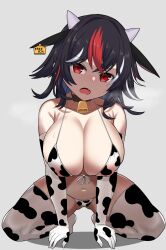  animal_ears animal_print bell bikini black_hair breasts cleavage commentary_request cow_ears cow_girl cow_print cow_print_bikini cow_print_gloves cow_print_thighhighs cowbell elbow_gloves female full_body gloves highres horns huge_breasts kijin_seija leaning_forward multicolored_hair navel neck_bell oerba_yun_fang print_bikini print_gloves print_thighhighs red_hair skin_fang solo squatting streaked_hair swimsuit thighhighs touhou white_hair zawapirori 