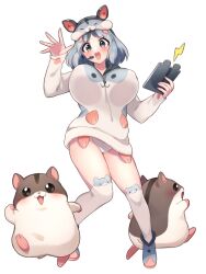  :d animal_hat blush breasts dairoku_ryouhei female grey_eyes grey_footwear grey_hair hamster hat headset hood hoodie impossible_clothes kohoshi_maumau large_breasts panties remotarou smile solo standing thighhighs transparent_background underwear white_panties 