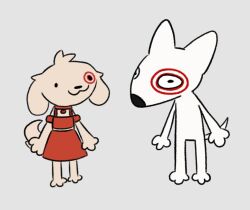  2024 :3 anthro biped black_eyes brown_body brown_fur bullseye_(target) canid canine canis domestic_dog duo female fur graywalf looking_at_viewer male mammal mascot nude_anthro nude_male spot_(jayrnski) standing target_corporation white_body white_fur 