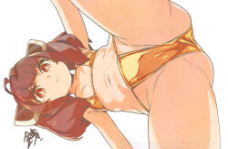  :&lt; ahoge ass bikini breasts brown_eyes brown_hair commentary_request female from_below gold_bikini headgear highres looking_at_viewer navel sentarou simple_background small_breasts solo spread_legs swimsuit touhoku_kiritan voiceroid white_background 