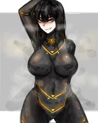  arczaeon black_bodysuit bodysuit breasts cesara_(project_moon) highres large_breasts limbus_company project_moon skin_tight steaming_body thigh_gap turtleneck turtleneck_bodysuit 