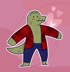  2024 alligator alligatorid anthro biped blush blush_lines clothed clothing crocodilian green_body green_scales looking_at_viewer male open_clothing open_shirt open_topwear patrothewise red_dress_shirt reptile scales scalie shirt solo standing topwear 